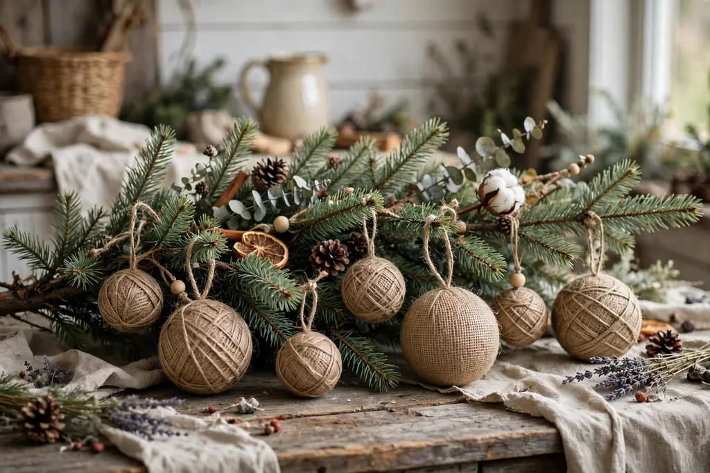 Christmas tree branch with jute wrapped ball ornaments.