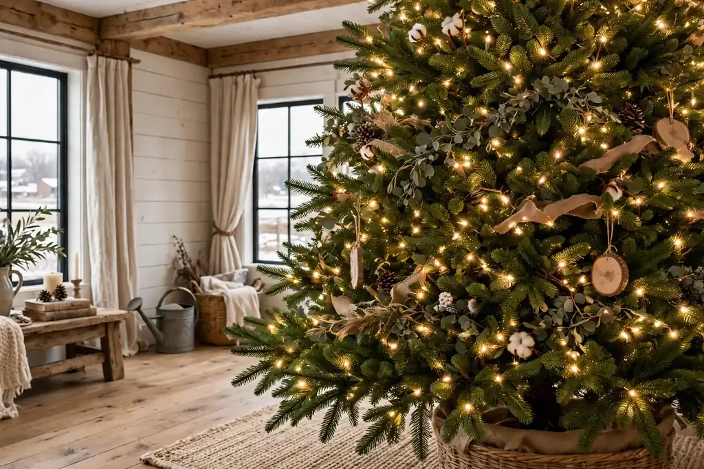 Christmas tree with warm white lights woven deep into green branches.