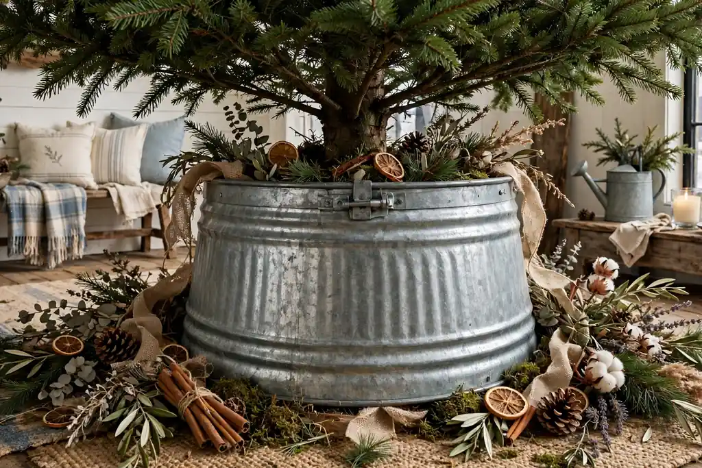 Base of a Christmas tree with a galvanized metal tree collar.