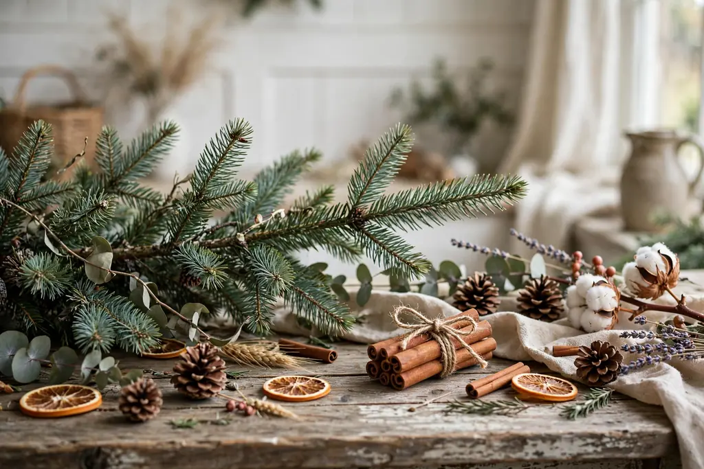 Christmas tree branch with a cinnamon stick bundle tied with twine.