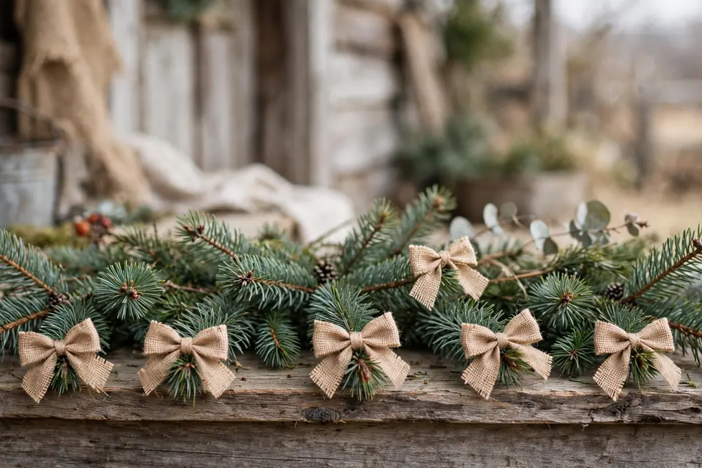 Christmas tree branch tips with small burlap bows.