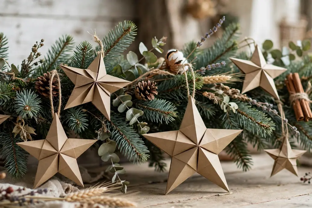 Christmas tree branch with folded kraft paper star ornaments.