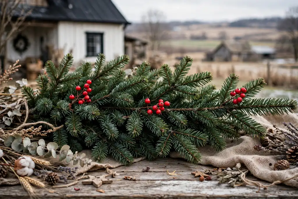 Christmas tree branch with small red berry picks.