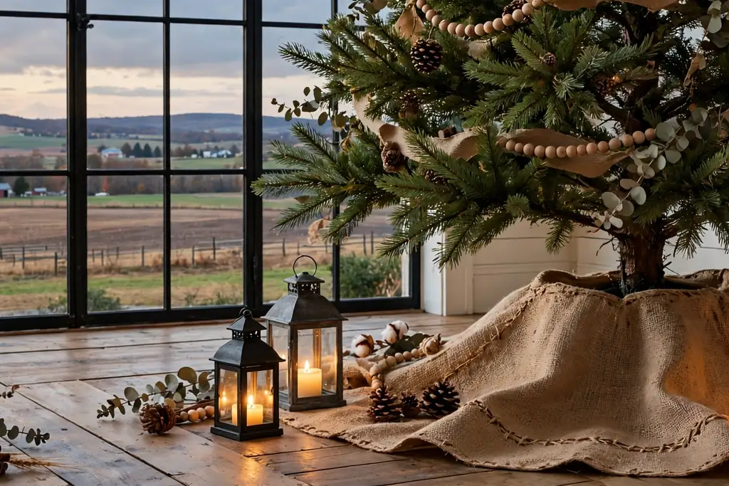 Base of a Christmas tree with small lanterns glowing beside the skirt.