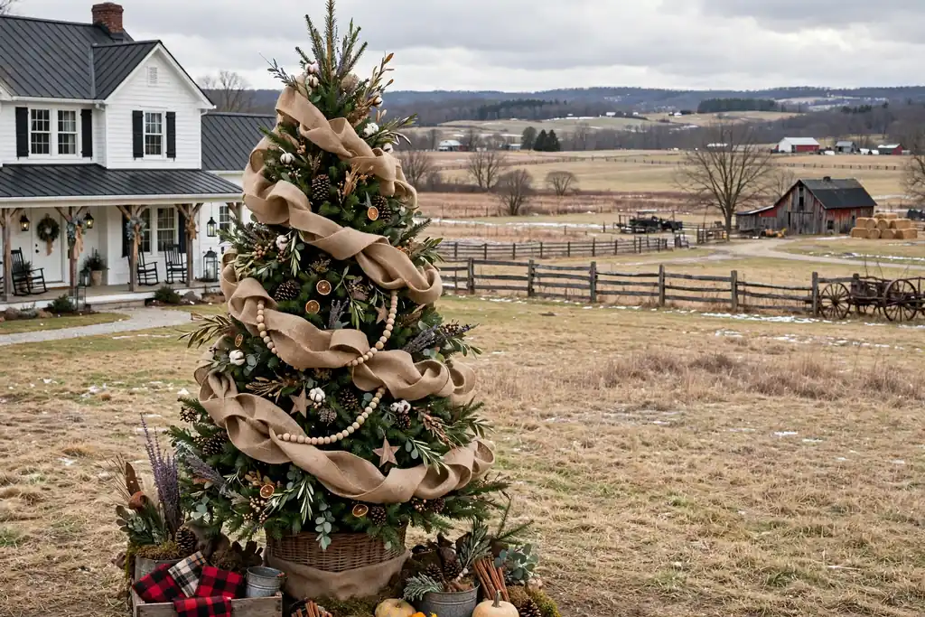 Christmas tree wrapped with a wide burlap garland in loose loops.