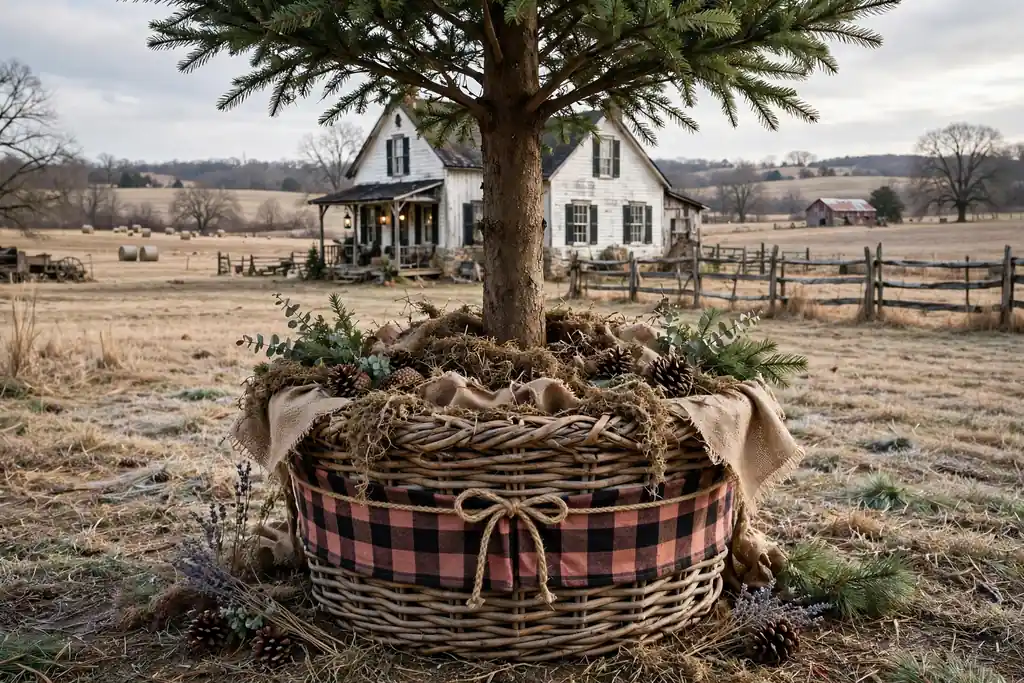 Christmas tree trunk rising from a large woven basket stand cover.