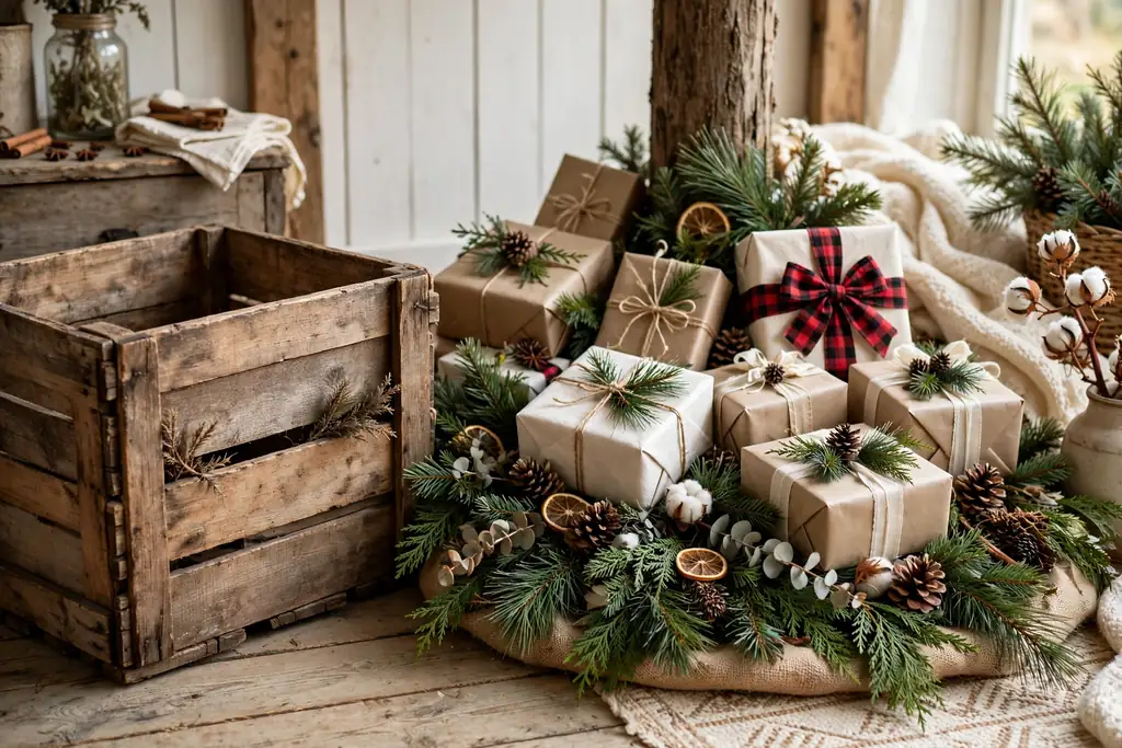 Wooden crate beside a Christmas tree base filled with gifts, pine branches, and pinecones.