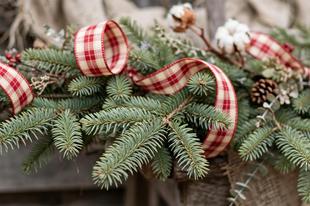 Christmas tree branch tips with red and cream plaid ribbon loops.