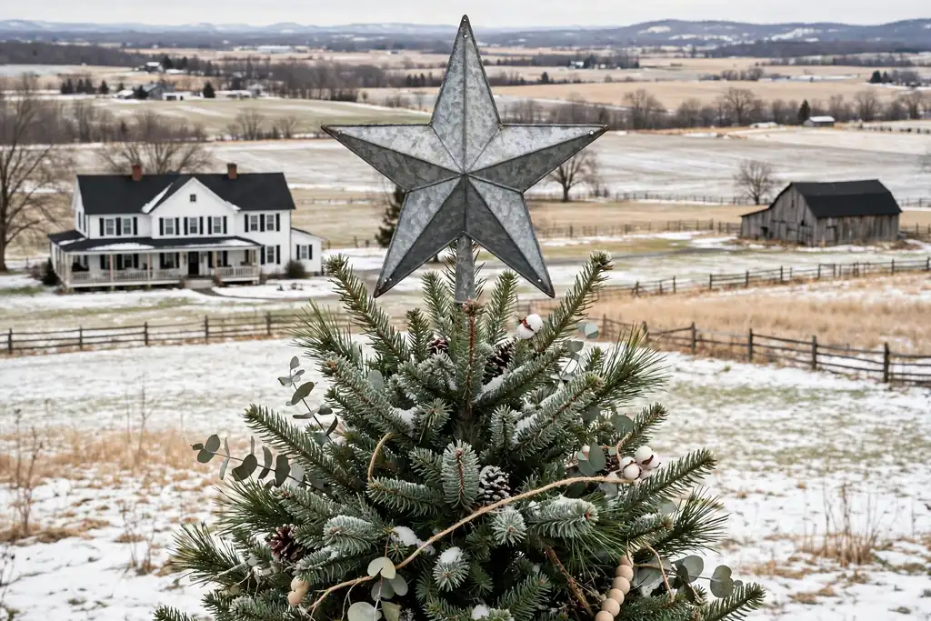 Top of a Christmas tree with a galvanized metal star topper.