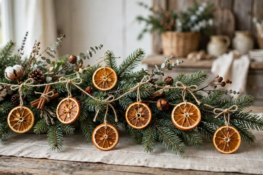 Christmas tree branch with dried orange slice ornaments on twine.