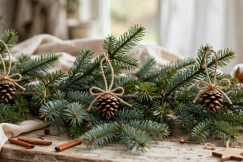 Christmas tree branch with small pinecone ornaments tied with twine.