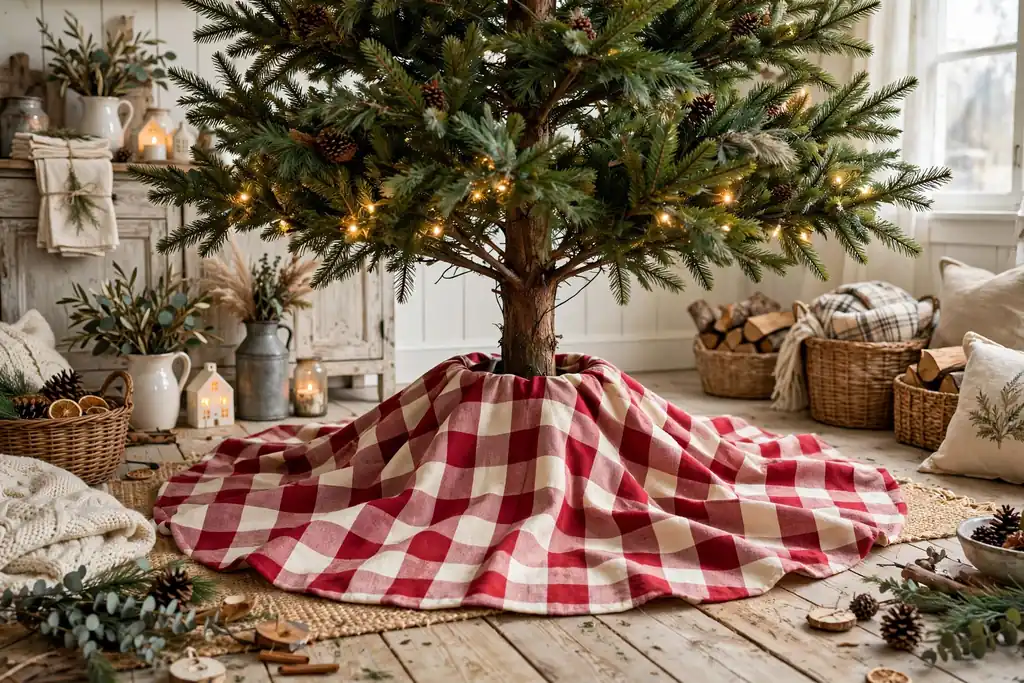 Base of a Christmas tree with a red and cream buffalo check tree skirt.
