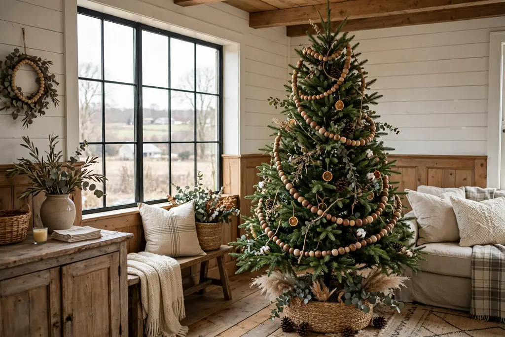 Christmas tree draped with a natural wood bead garland.