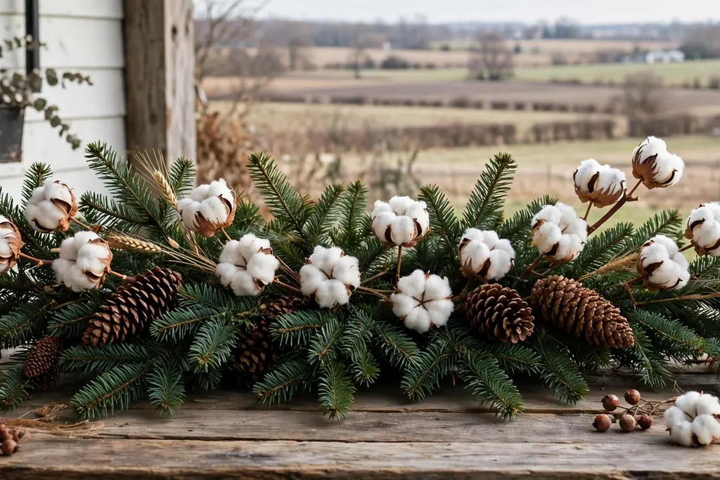 Christmas tree branch with white cotton boll picks.