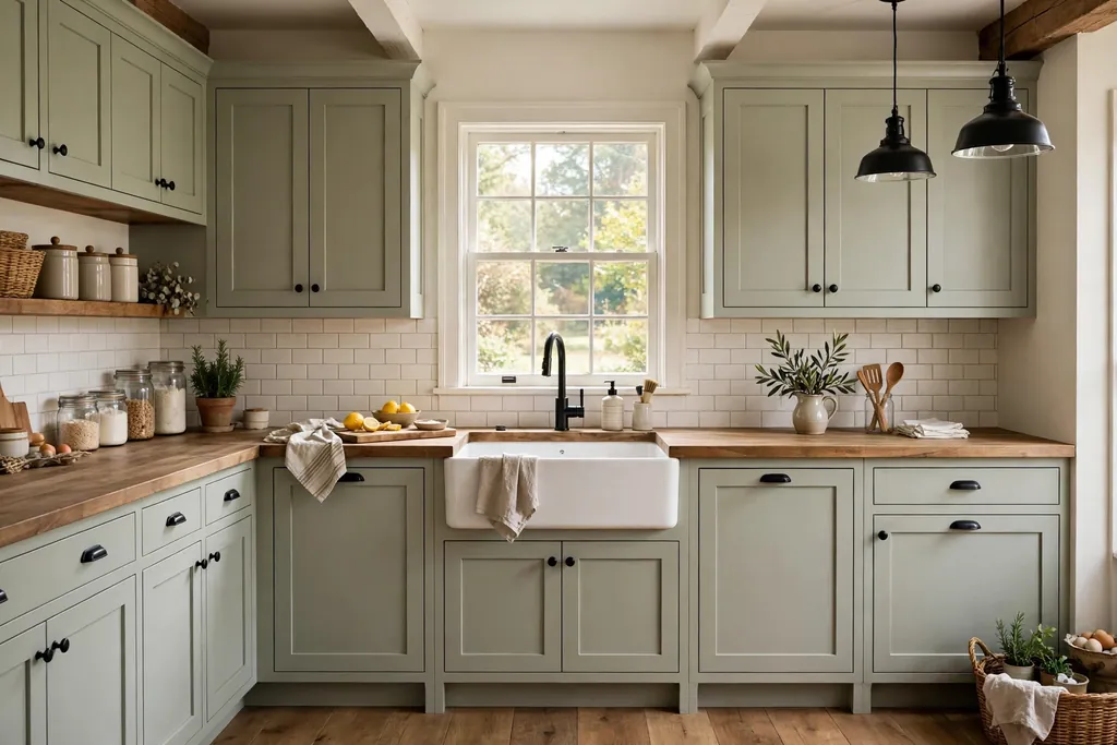 Farmhouse kitchen with a white apron-front sink, wood counter, and Shaker cabinets.