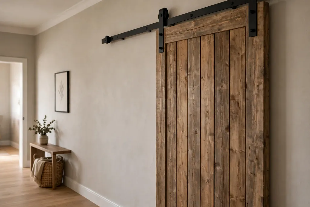 Wood sliding barn door with black metal hardware beside a neutral hallway wall.