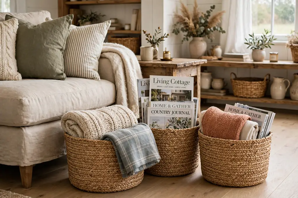 Woven seagrass baskets holding throws and magazines beside a sofa.
