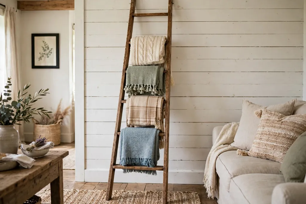 Wood ladder leaning against a wall holding folded blankets and throws.