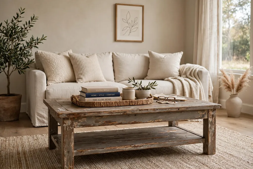 Distressed wood coffee table with a tray and books in a neutral living room.
