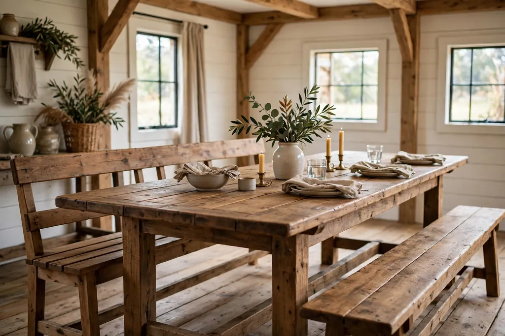 Long wood farmhouse dining table with bench seating and a simple centerpiece.