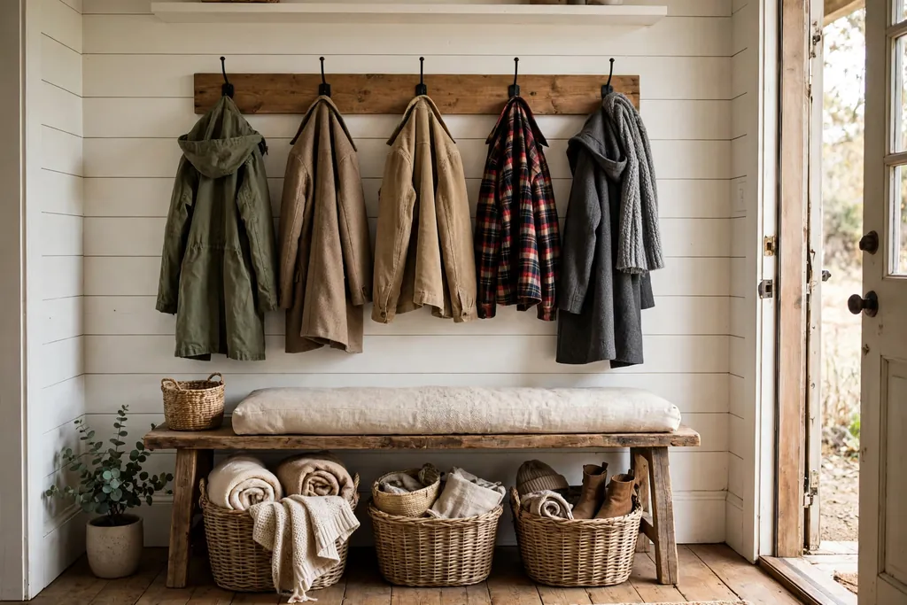 Wood entryway bench with wall hooks, coats, and baskets below.