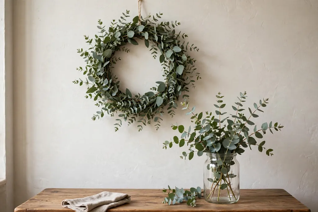 Eucalyptus wreath on a wall and stems in a glass jar on a wood table.