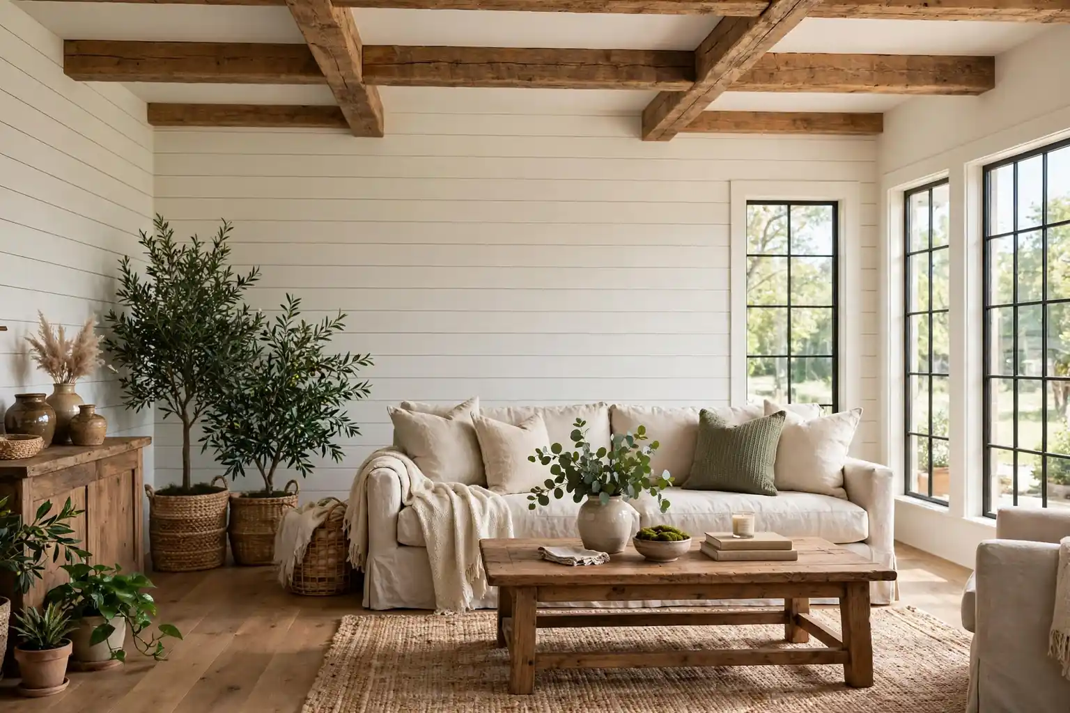 Wide warm farmhouse living room with a shiplap wall, wood beams, linen sofa, wood coffee table, and greenery in daylight.