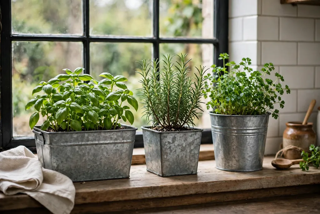 Galvanized metal planters with green herbs on a kitchen windowsill.