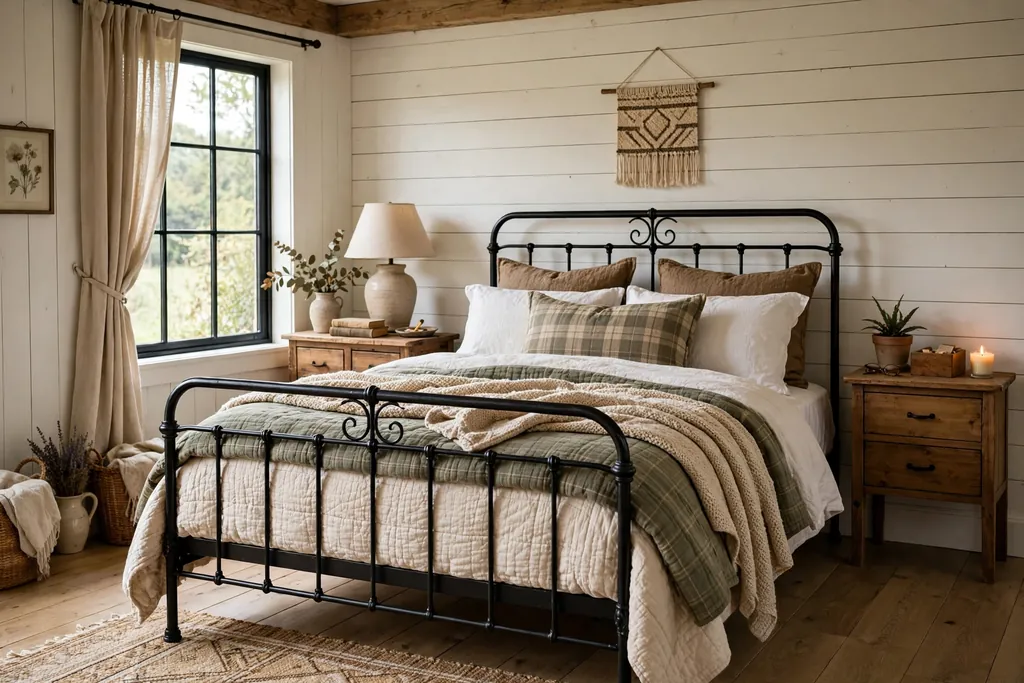Farmhouse bedroom with a black iron bed frame, layered quilts, and wood bedside tables.