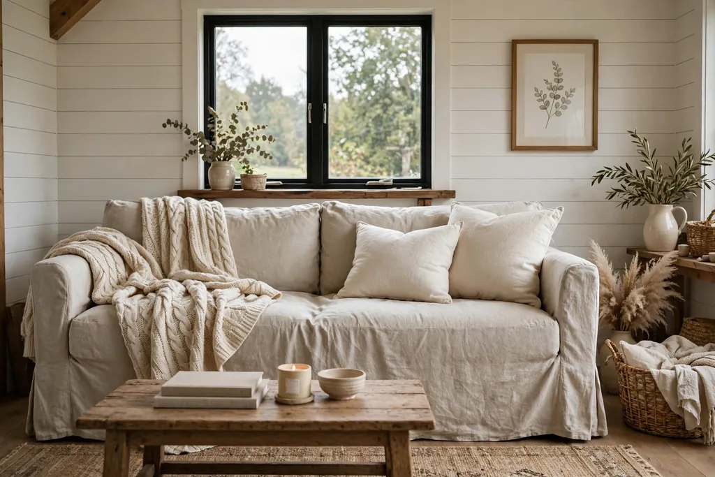 Slipcovered linen sofa in oatmeal with cotton cushions and a knit throw.