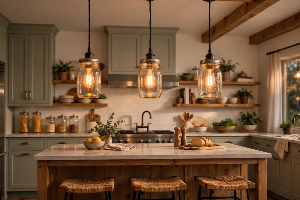 Mason jar pendant lights hanging over a kitchen island in warm light.