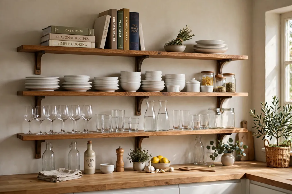 Kitchen open wood shelves holding white dishes, glassware, and cookbooks.
