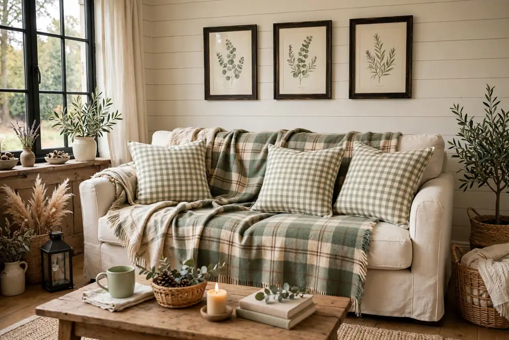 Sofa layered with plaid throw and gingham cushions in cream and sage.