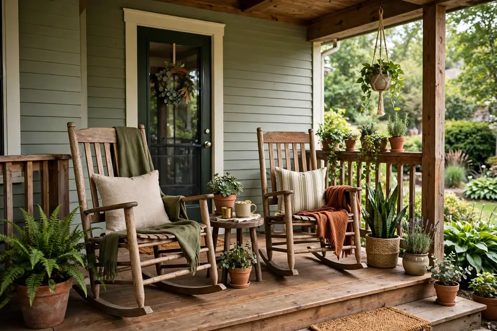 Front porch with two wood rocking chairs, a small table, and potted plants.