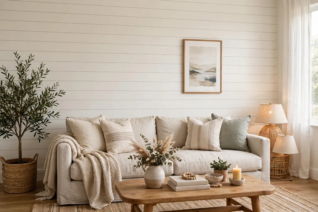 Living room shiplap accent wall painted warm white behind a linen sofa.