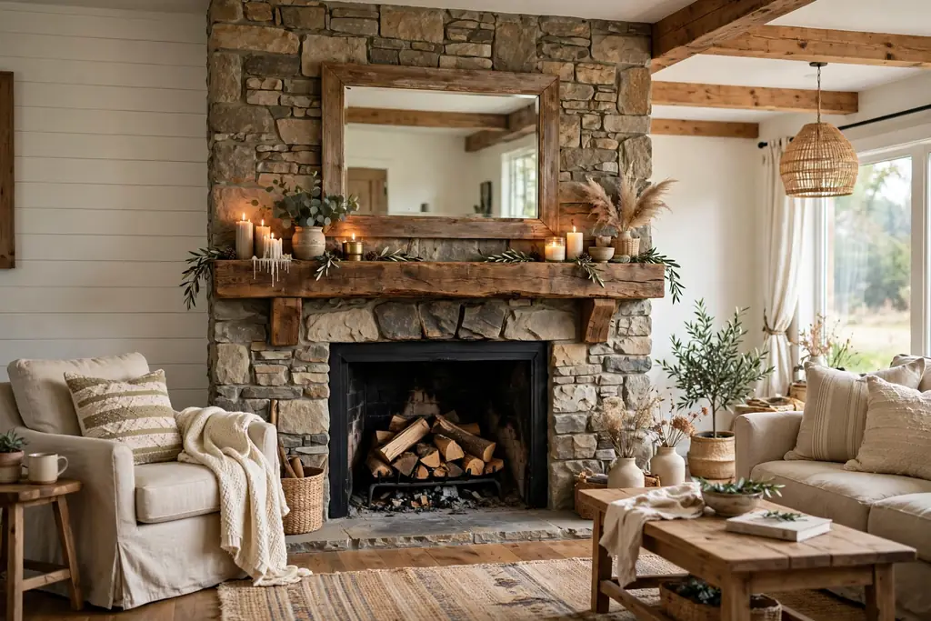 Stone fireplace with a wood beam mantel, mirror, and candles.