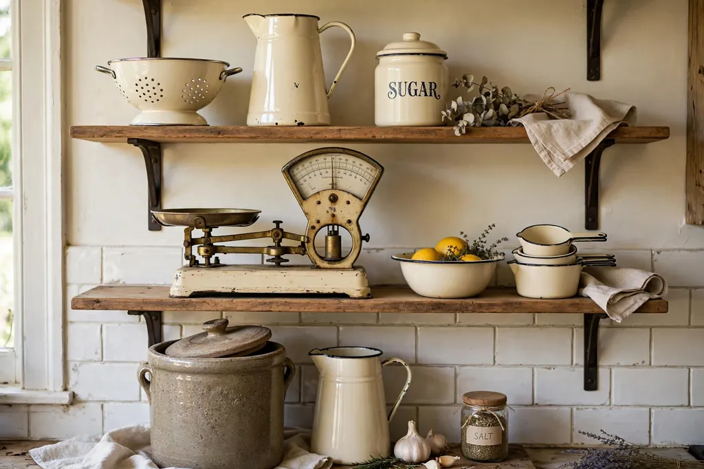 Kitchen shelf display of cream enamelware, a vintage scale, and a stoneware crock.