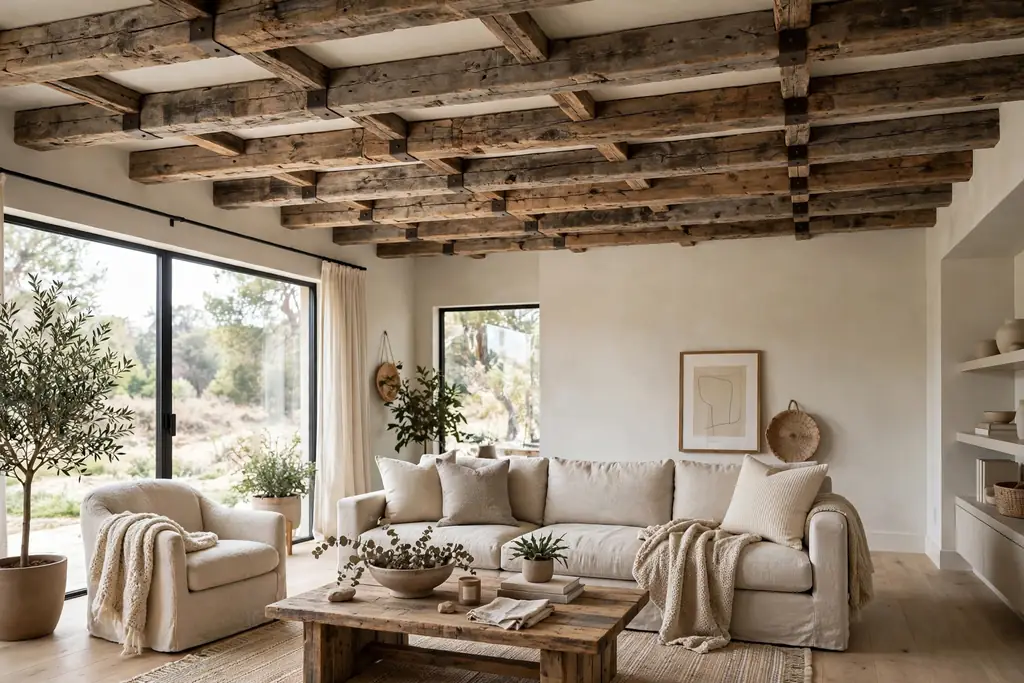Living room ceiling with exposed reclaimed wood beams over a neutral seating area.
