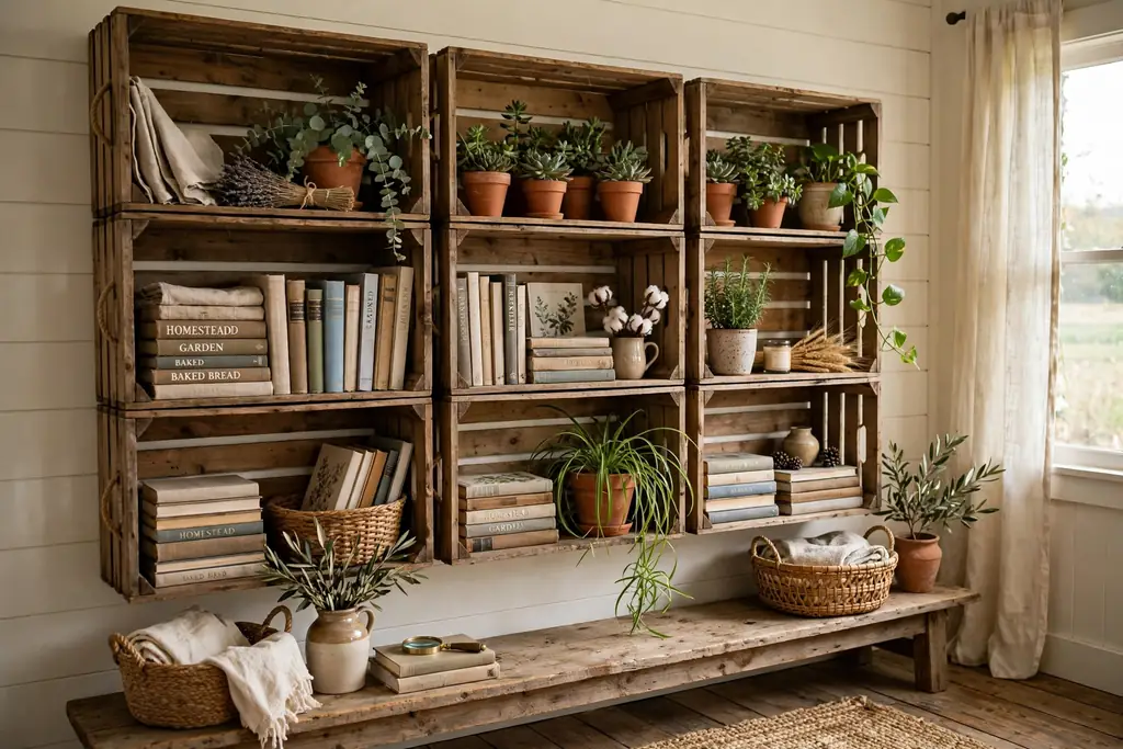 Wooden crates used as open shelving for books and plants.