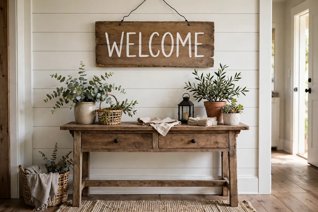 Wood sign with simple painted lettering above a console table with greenery.