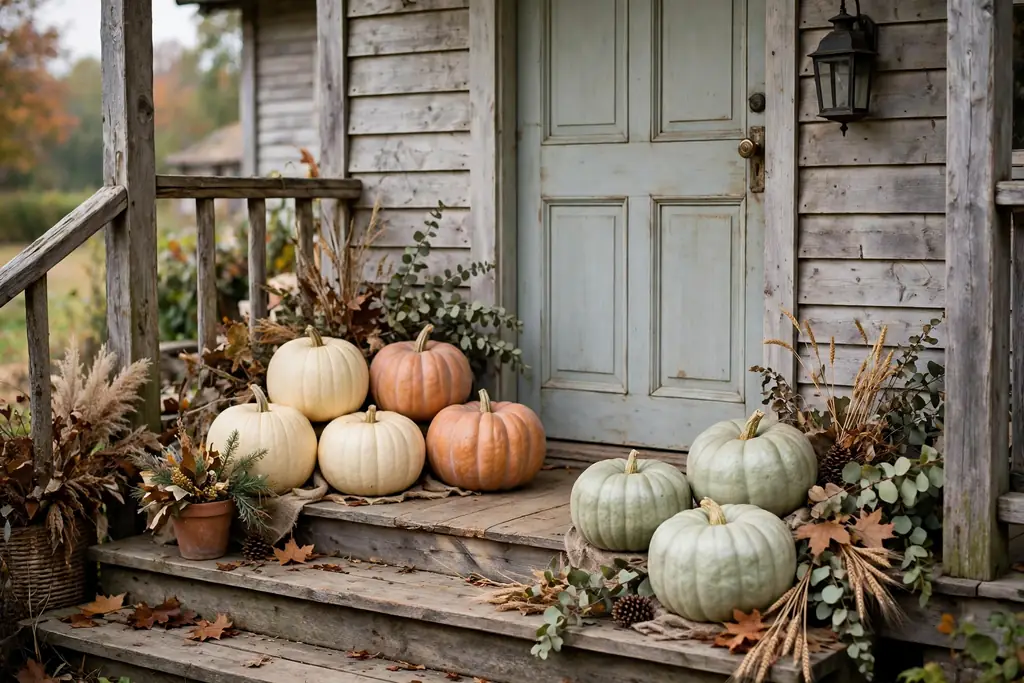 Pumpkins in cream, muted orange, and pale green grouped on porch steps beside a front door.