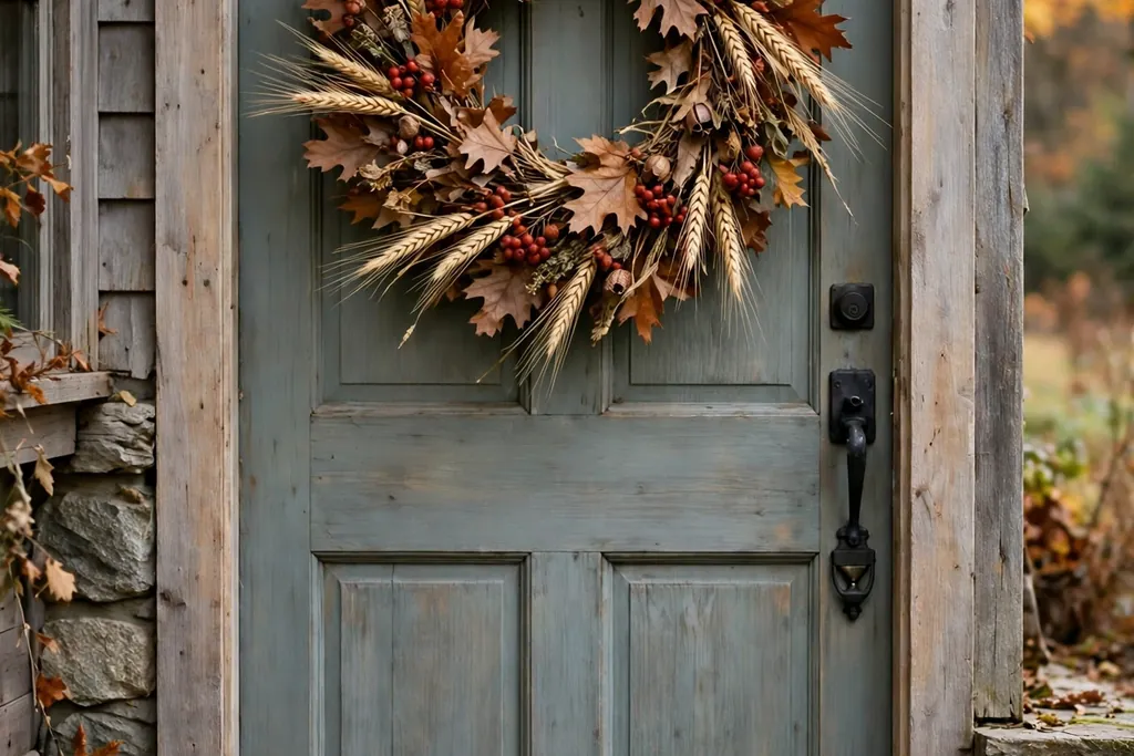 Dried leaf and wheat wreath with berries hanging on a farmhouse front door.