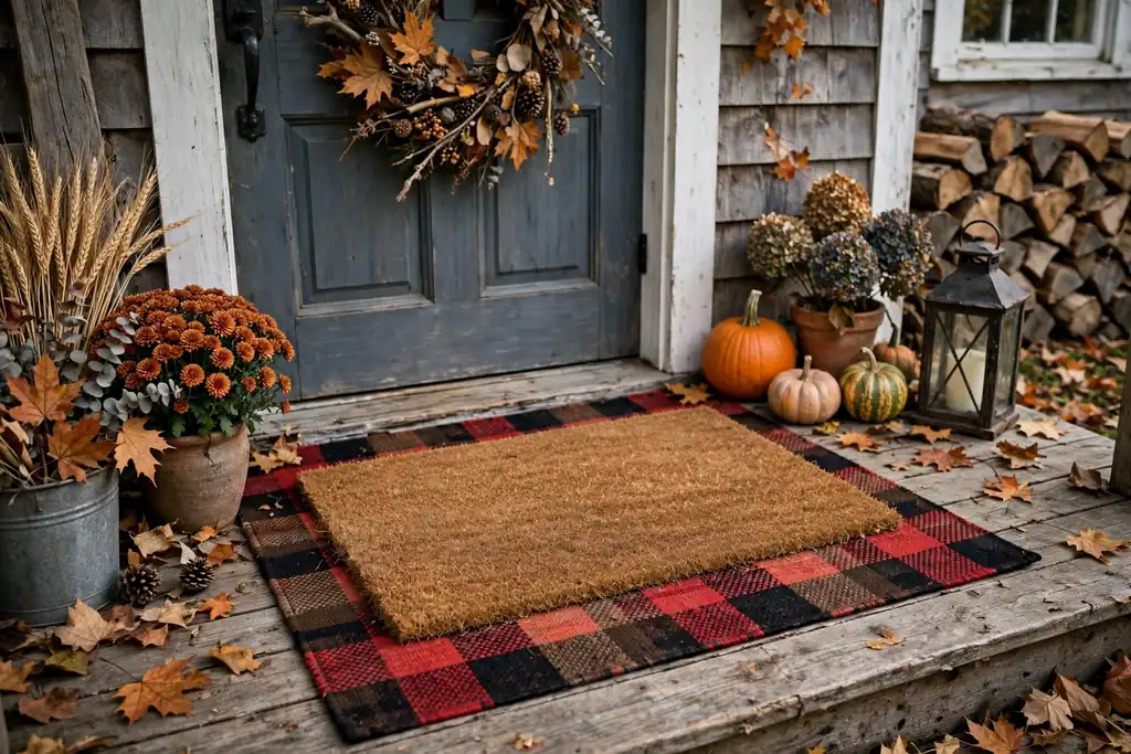 Patterned plaid rug layered under a coir doormat at a farmhouse entry.