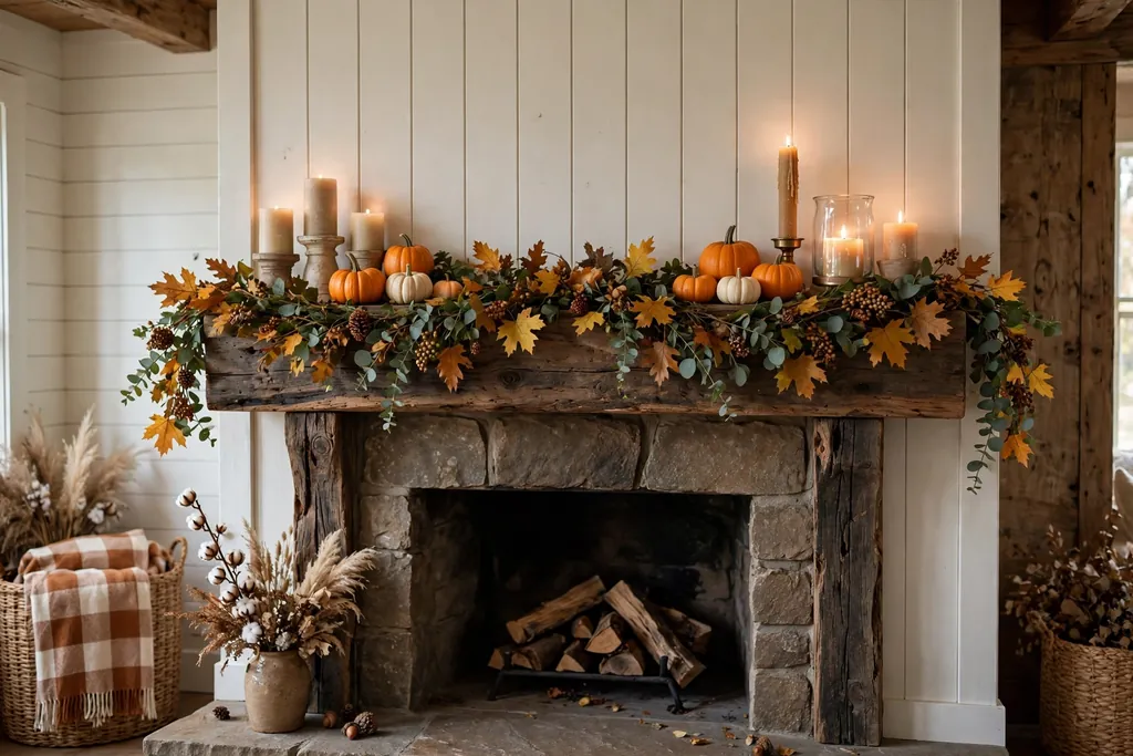 Wood mantel with a leaf garland, small pumpkins, and candles in a farmhouse living room.