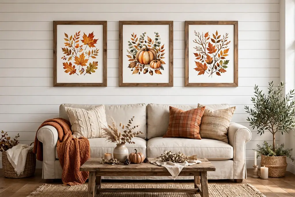 White shiplap wall with framed fall prints above a farmhouse sofa.