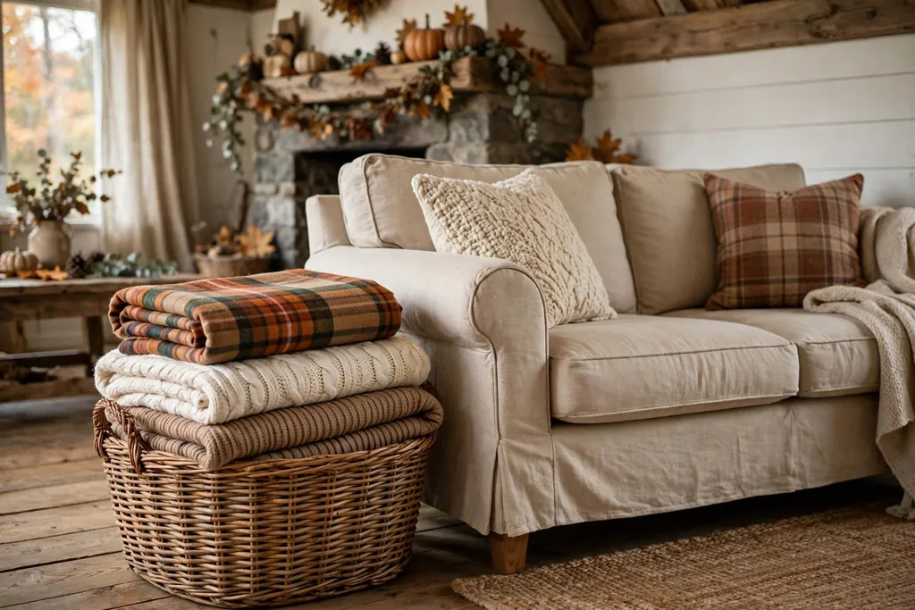 Woven basket of folded plaid and knit throws beside a farmhouse sofa.