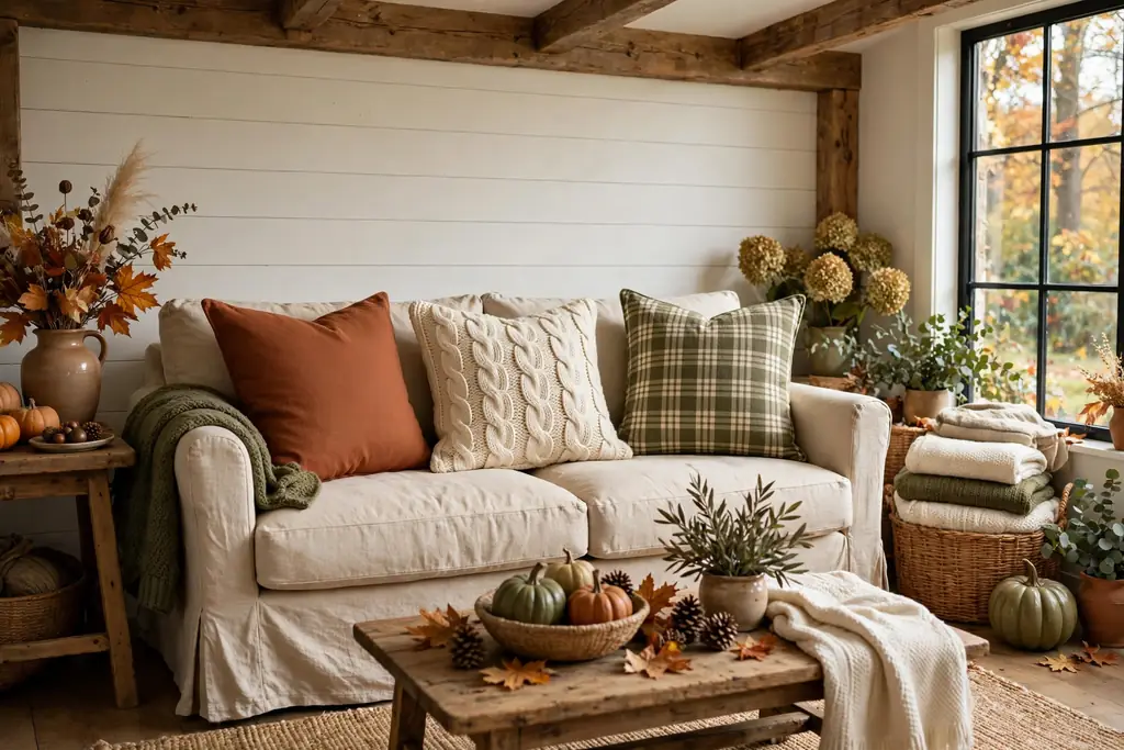 Farmhouse sofa with cushion covers in rust, cream, and olive.
