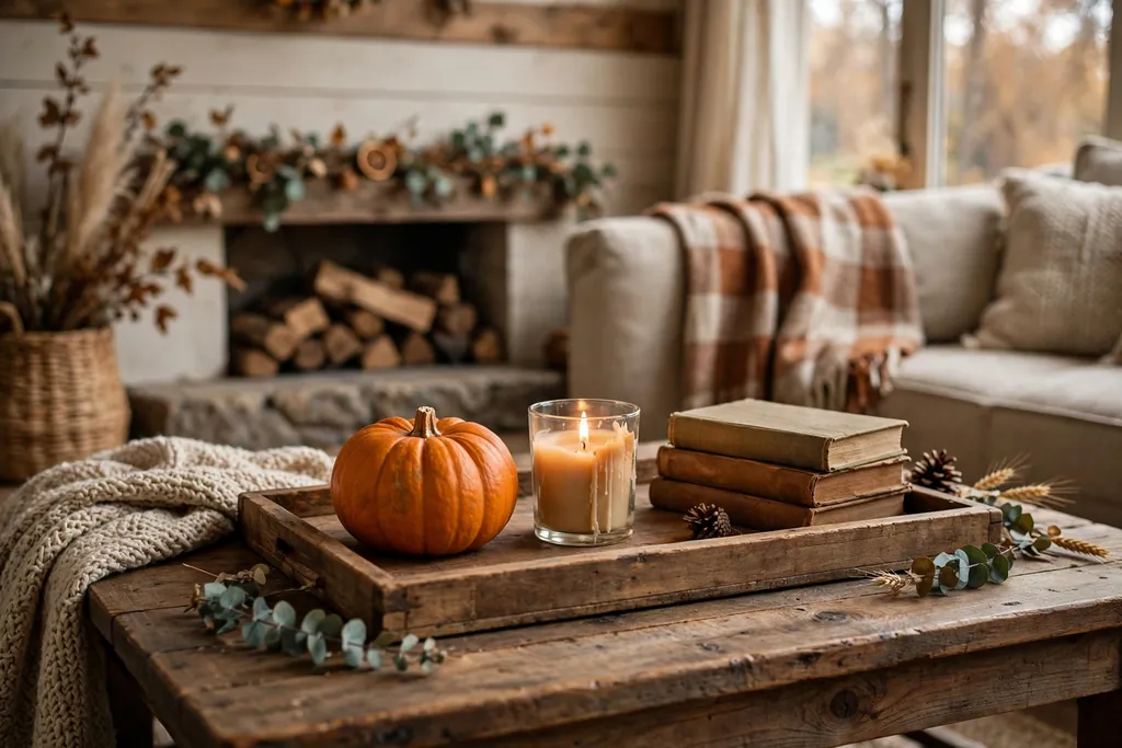 Wood tray on a farmhouse coffee table with a small pumpkin, a candle, and books.