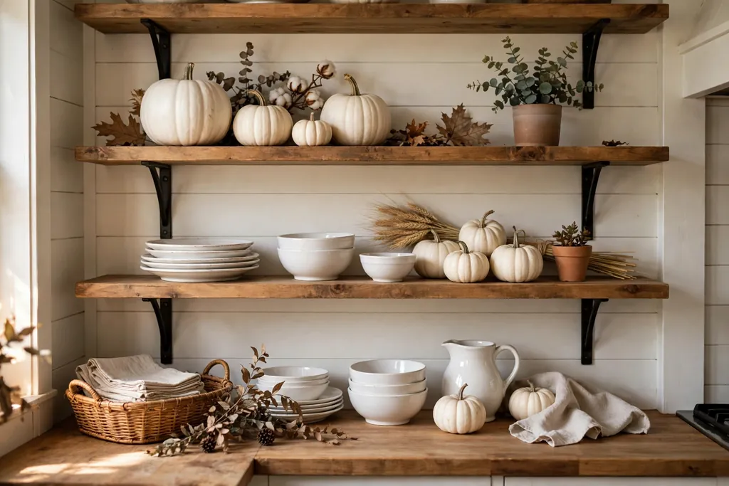 Open wood shelves with white pumpkins, white dishes, and a small plant.