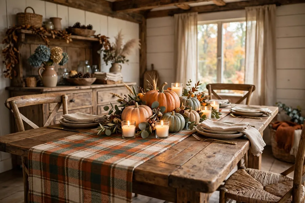 Farmhouse wood table with a plaid runner and a low pumpkin centerpiece.